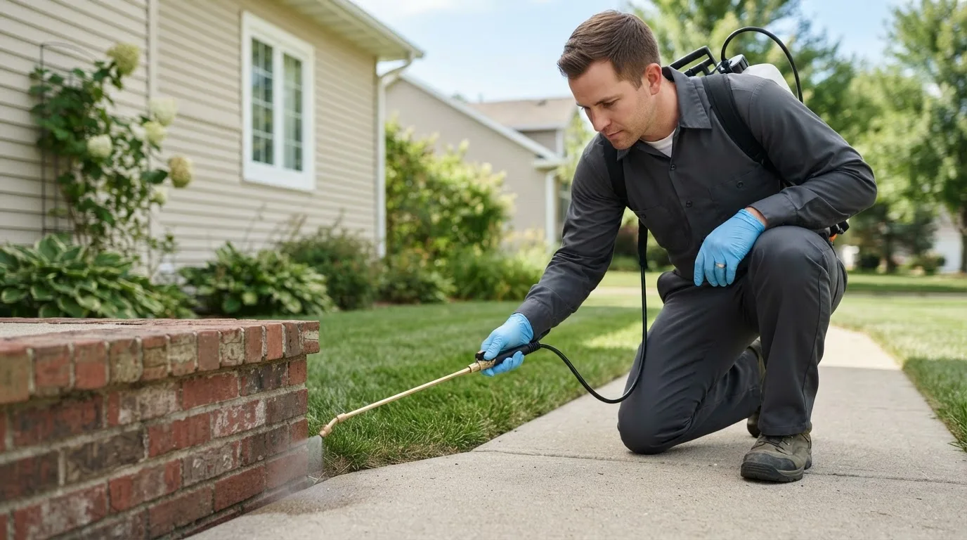 Pest control technician treating a home near Wendell Depot, MA