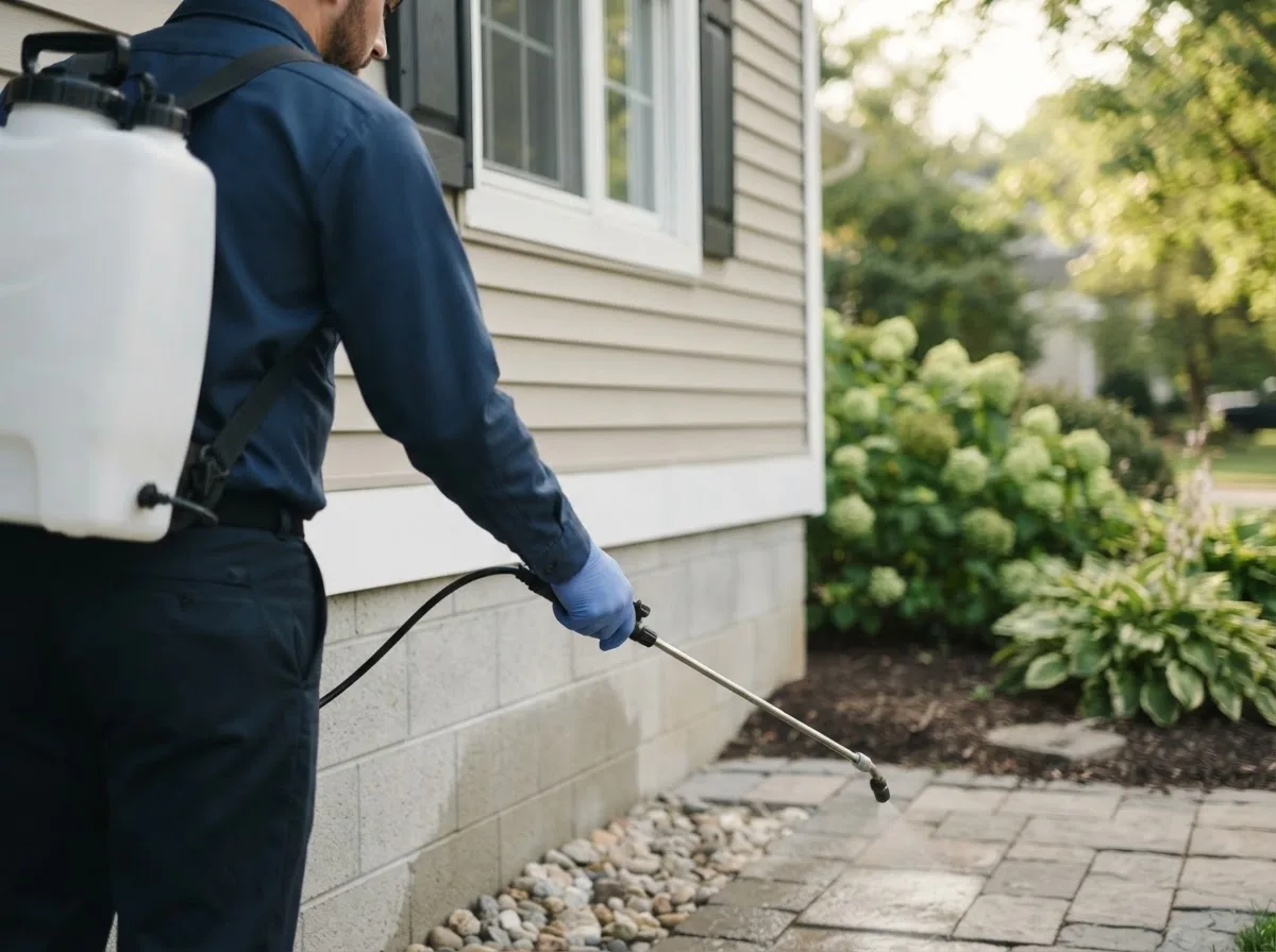 Pest control technician inspecting a home in Wendell Depot, MA